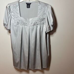 George Silver Satin Square-Neck Embellished Blouse